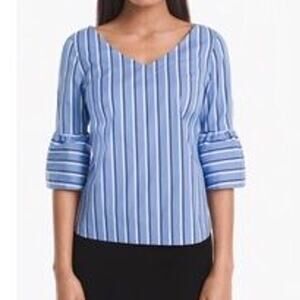 WHBM Emma Stripe 3/4 Bell Sleeve Blouse Blue 4P